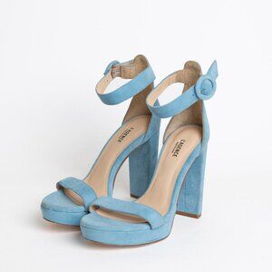 L'Agence Cecile Suede Ankle Strap Sandals Block Heel In Baltic Sea EU 36
